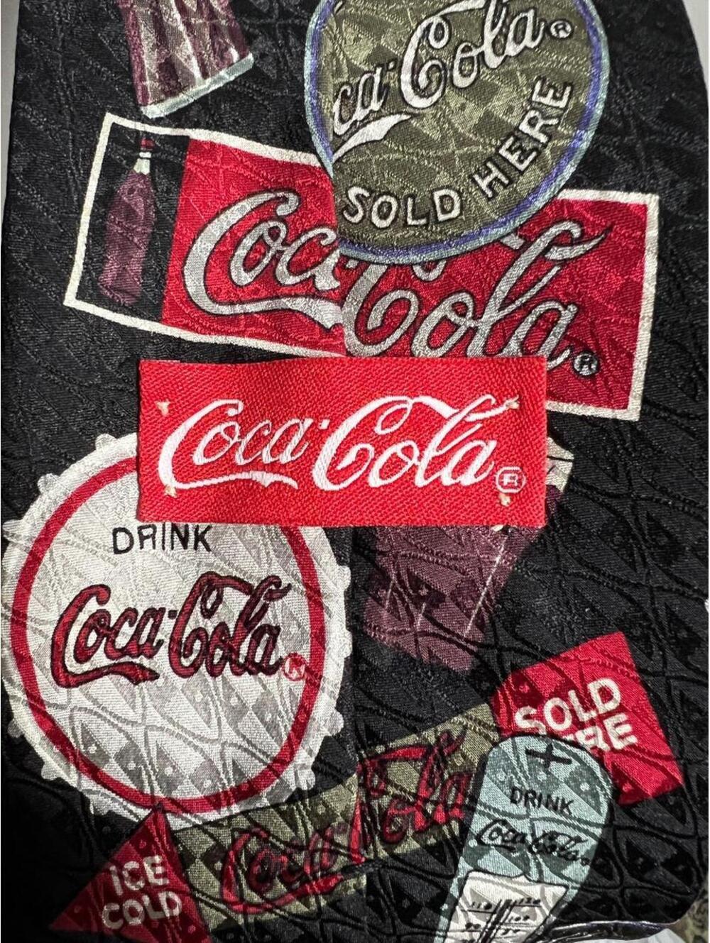 Vintage Coca Cola Tie Mens Black 100% Silk Retro Advertising Soda Bottle Necktie
